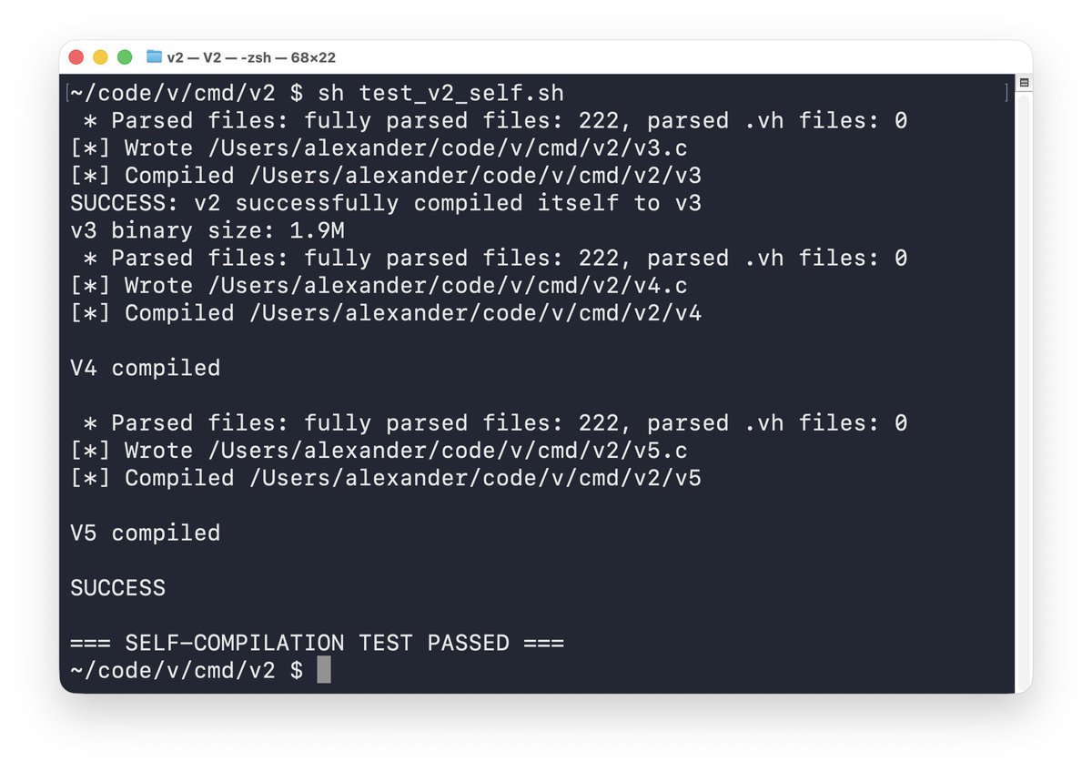 V's new backend is now self hosted (can compile itself)!

Only one of the 4 new backends is self hosted so far: Clean C. It does direct V AST => C translation, like old V's main backend.

SSA C, SSA arm64, and SSA amd64 will be self hosted soon as well.