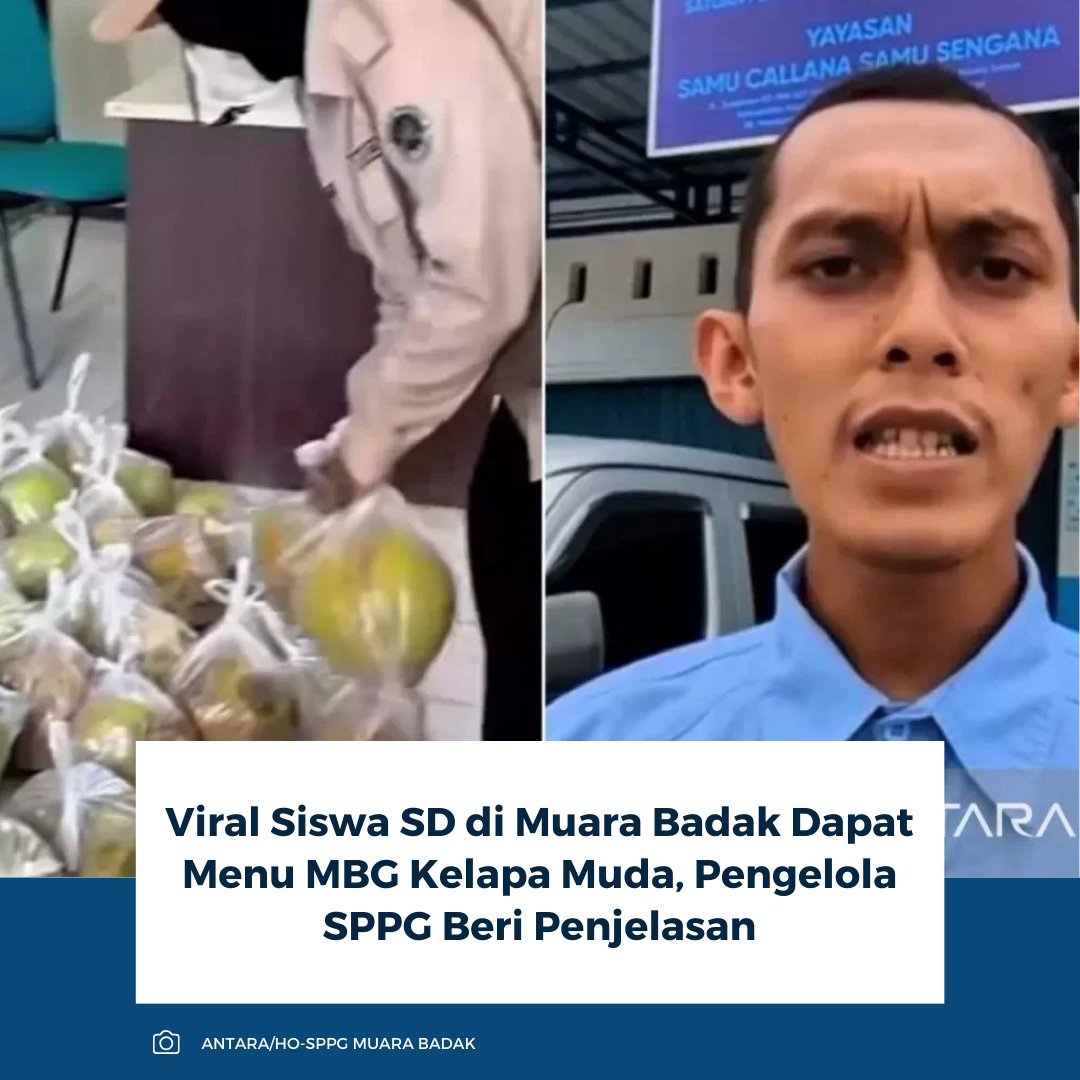 kompascom's tweet photo. Video viral siswa SD di Muara Badak menerima MBG berupa kelapa muda memicu perdebatan publik. SPPG Dapur Gas Alam Badak Satu menegaskan tayangan itu tidak menampilkan seluruh menu. Faktanya, siswa juga mendapat kudapan dan menu utama sesuai standar gizi.

Baca selengkapnya: https://t.co/vt3qikI8ny

~RK #MBG #kelapa #SPPG