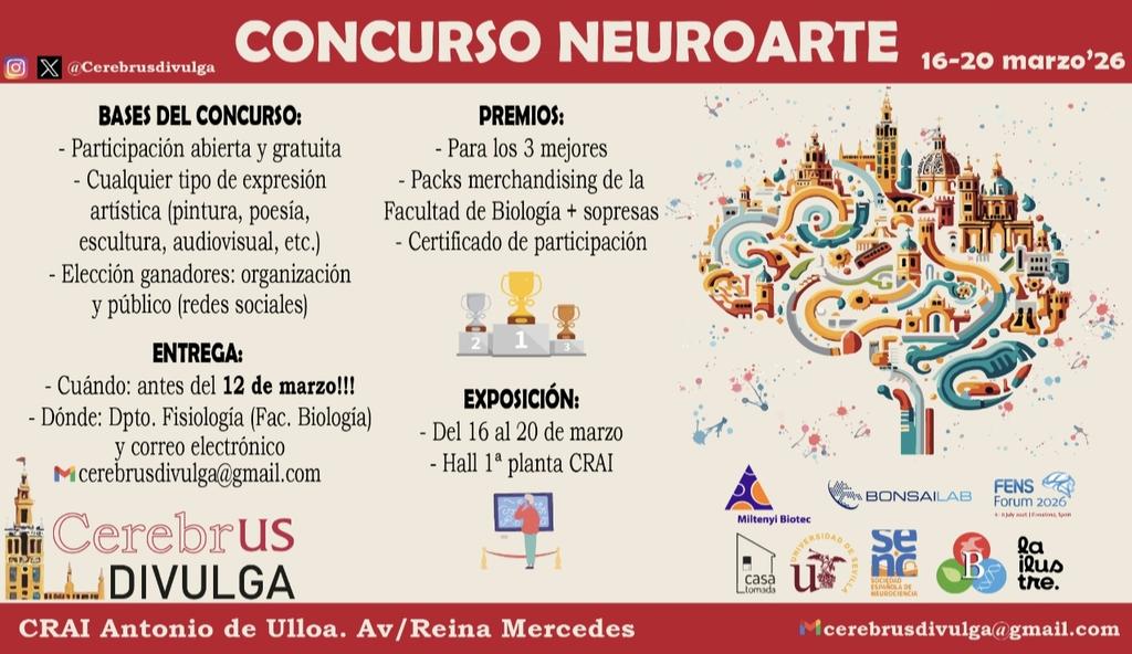 cerebrusdivulga's tweet photo. 🧠🎨 ¡También lanzamos nuestro Concurso de Neuroarte!
¿Te inspira el cerebro, las neuronas o cualquier cosa relacionada con la Neurociencia? Es tu momento de transformar la ciencia en arte.
📅 Plazo abierto
🏆 Premios para las mejores obras
@SENC_ @unisevilla https://t.co/vaf0Y8qvLY