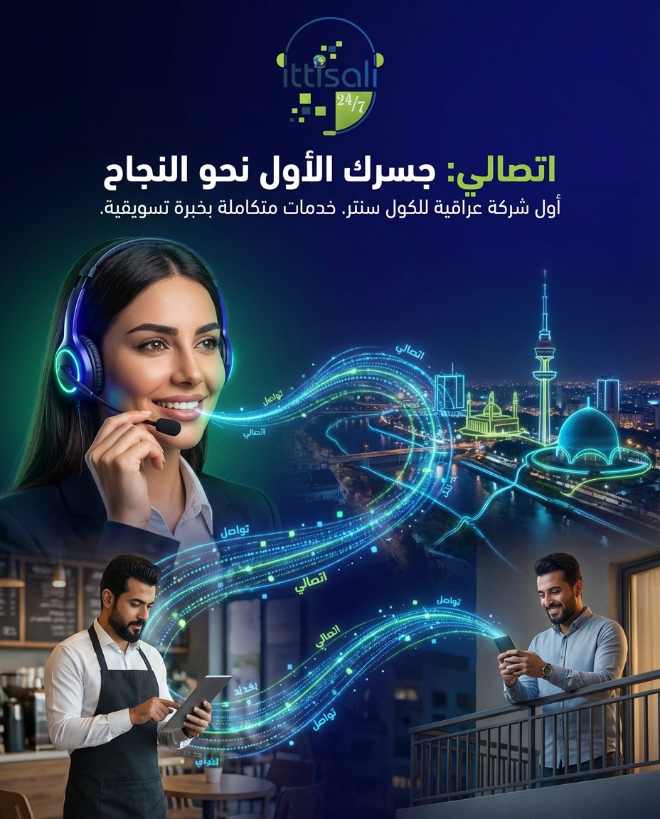 ITTISALI_IQ's tweet photo. اتصالي — جسرك الأول نحو النجاح

طوّر عملك مع خدمات كول سنتر احترافية تُدار بخبرة عراقية وبمعايير عالمية.
نوفّر لك فريق دعم متكامل يعمل 24/7 للرد على العملاء، إدارة الطلبات، متابعة المبيعات، وبناء تجربة تواصل احترافية تعزز ثقة عملائك وتزيد أرباحك.
سواء كنت صاحب مشروع ناشئ أو شركة كبيرة، نمنحك حلول اتصال ذكية تساعدك على التوسع والوصول لعملاء أكثر دون تعقيد أو تكاليف تشغيل عالية.

خدماتنا تشمل:
• إدارة المكالمات الواردة والصادرة
• دعم فني وخدمة عملاء
• متابعة الطلبات والمبيعات
• حلول تسويقية واتصالية متكاملة
• تقارير أداء وتحليل احترافي

ابدأ اليوم واجعل التواصل مع عملائك أكثر احترافية وتأثيرًا.
 اتصالي… لأن نجاحك يبدأ من أول اتصال.