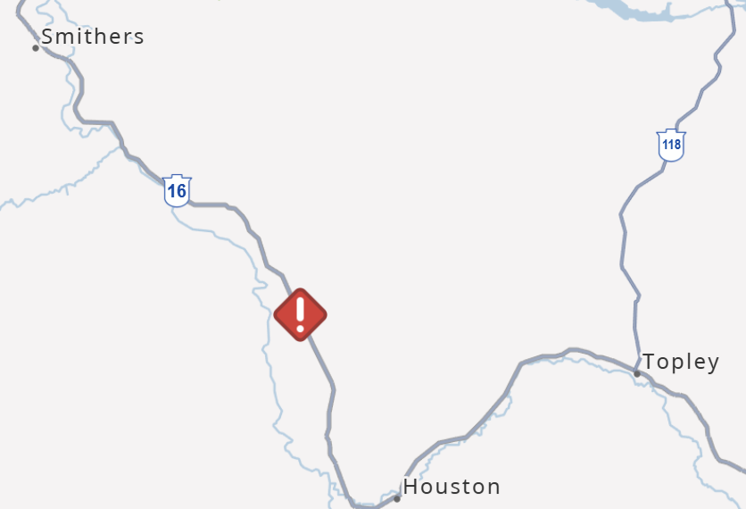 DriveBC's tweet photo. ⚠️#BCHwy16 - Vehicle incident confirmed at Dielman Rd affecting both directions, 20km west of #HoustonBC.
Single lane alternating traffic in effect. Assessment in progress. #YellowheadHwy #Smithers
Next update at approx. 4:00 AM PST.
ℹ️For more info: https://t.co/vunaTE6aK3 https://t.co/o8ewBLF3y5