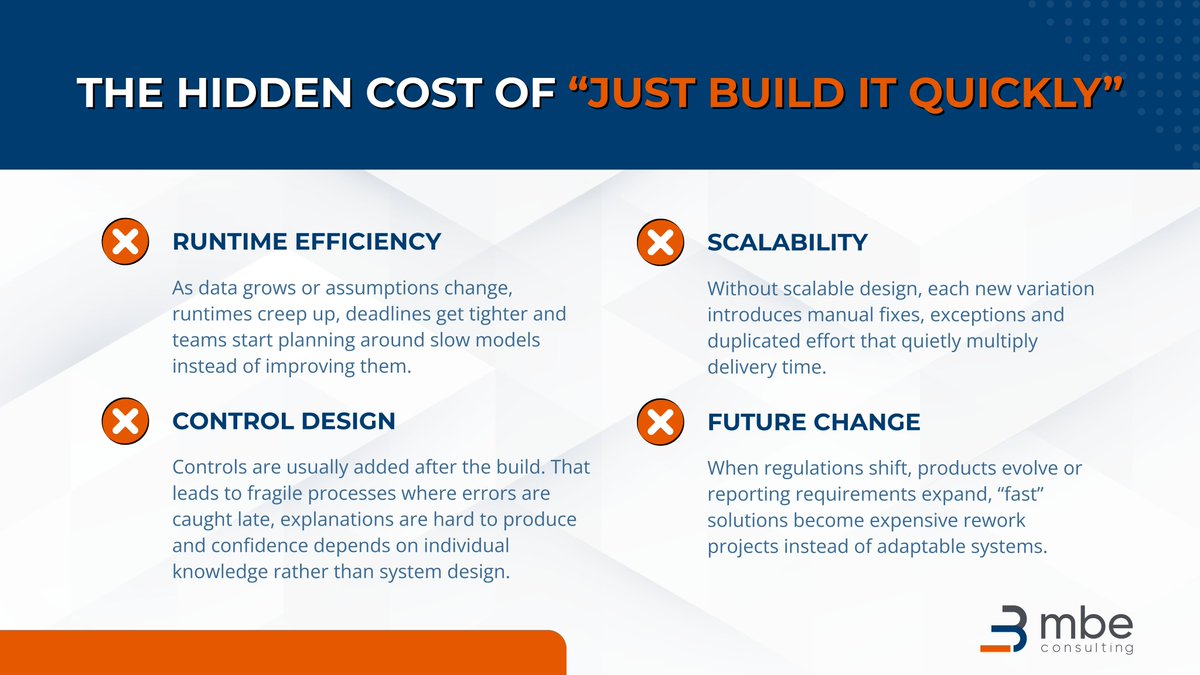 “Just build it quickly” often ignores runtime efficiency, scalability and control design. The result? Slow runs, fragile processes and constant rework. Operational risk doesn’t arrive all at once, it creeps in, cycle by cycle. Good design doesn’t slow delivery, it avoids it later