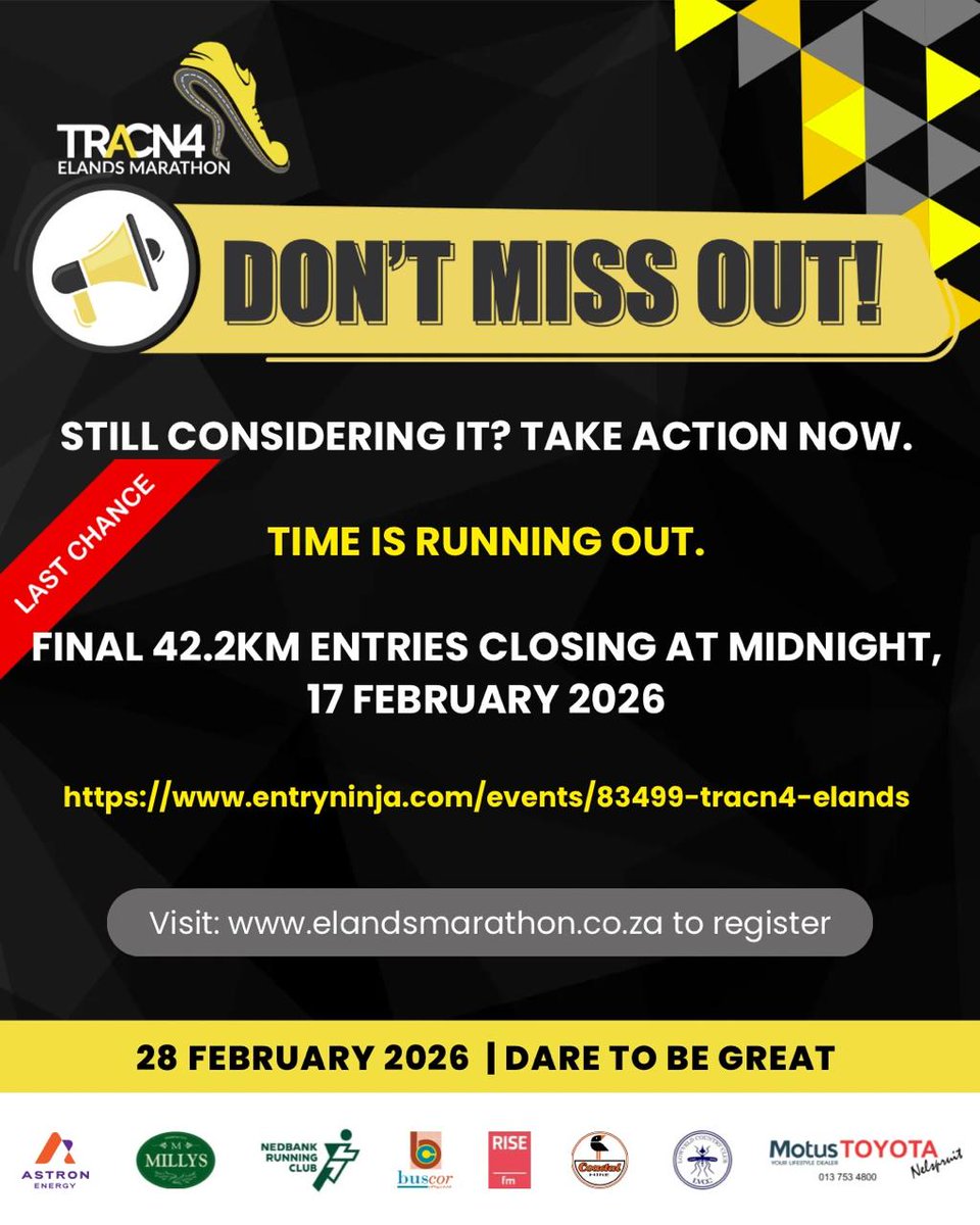 ElandsMarathon's tweet photo. Time is running out!
Final 42.2km entries closing at midnight.
Use the late entry link below:
https://t.co/all0vAM8X8
#TRACN4ElandsMarathon #ElandsMarathon2026 #5YearMilestone #ComradesQualifier #TwoOceansQualifer #RunElands #DareToBeGreat #PBFarm https://t.co/utjVvsSHYL