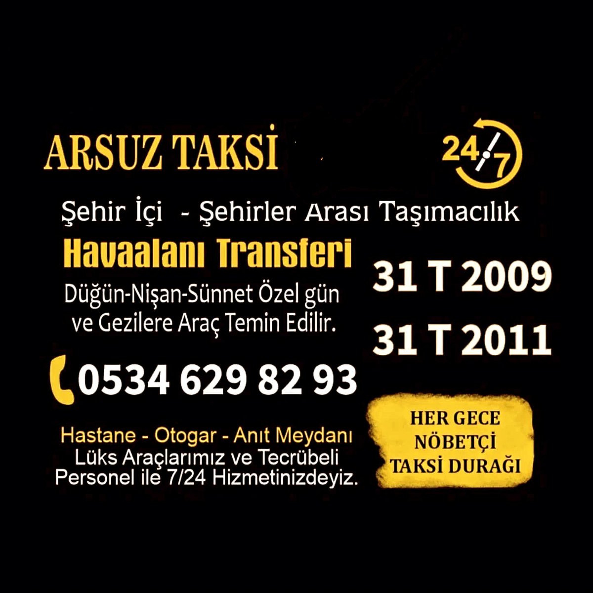 🤝 Müşteri Memnuniyeti Önceliğimizdir
Her yolculuk bizim için bir sorumluluktur. Arsuz Taksi, her müşterisine aynı özen ve içtenlikle yaklaşır.

⭐ Arsuz taksi 
✔ 7/24 hizmet
✔ Güvenli sürüş
✔ Temiz ve bakımlı araçlar
✔ Zamanında ulaşım
✔ Samimi ve dürüst hizmet. #Arsuztaksi