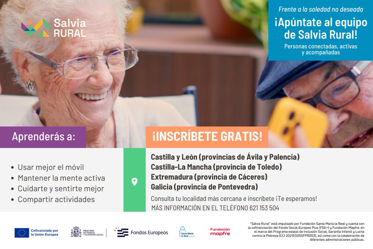 Nace #SalviaRural🌿 Una iniciativa para mayores de 65 años de municipios rurales.

📍 Marzo a mayo en: Castilla y León, Castilla-La Mancha, Extremadura y Galicia.

📞 INSCRIPCIONES ABIERTAS: 621 153 504
➕ Más info: areaempleofsmlr.es/2026/02/16/nac…

#EuropaSeSiente #AyudasMasRural