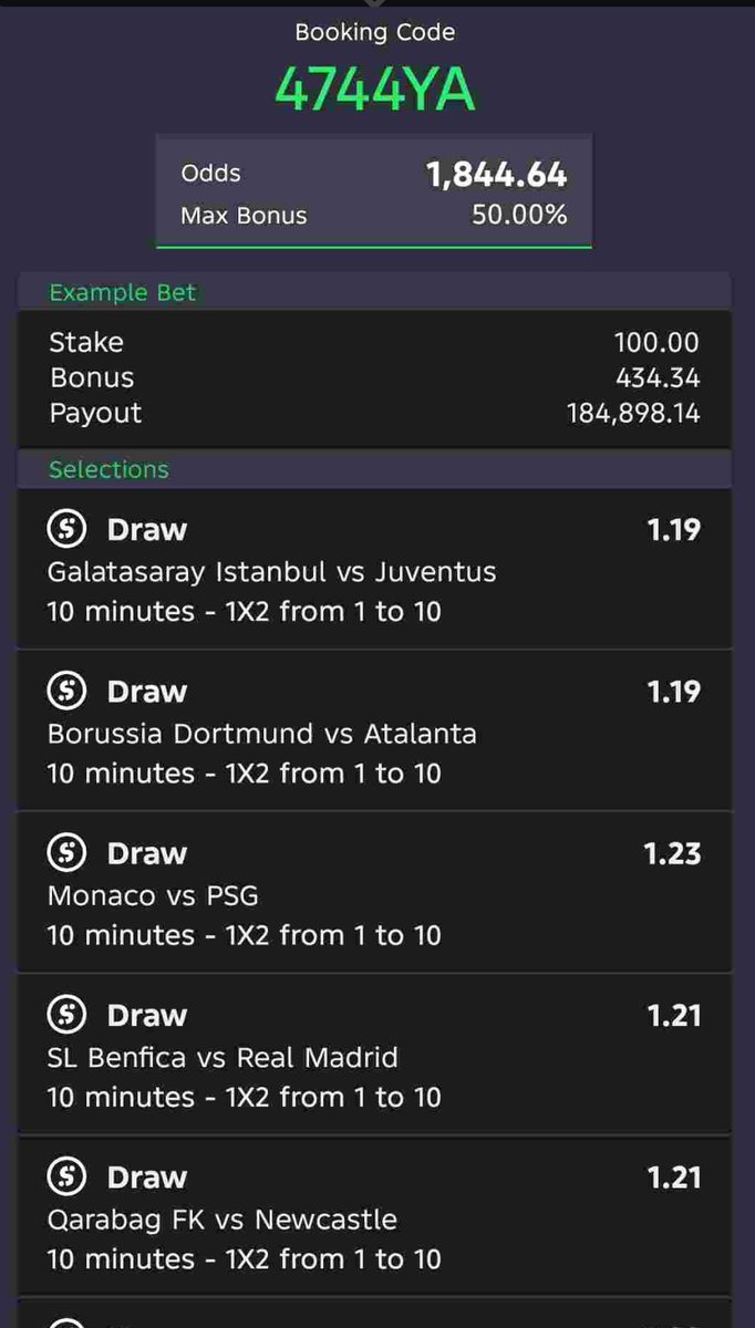 1,844 ODDS

Sportybet Code.  4744YA

Join Telegram Channel t.me/CindyKBDTips

Kindly Retweet 🔁