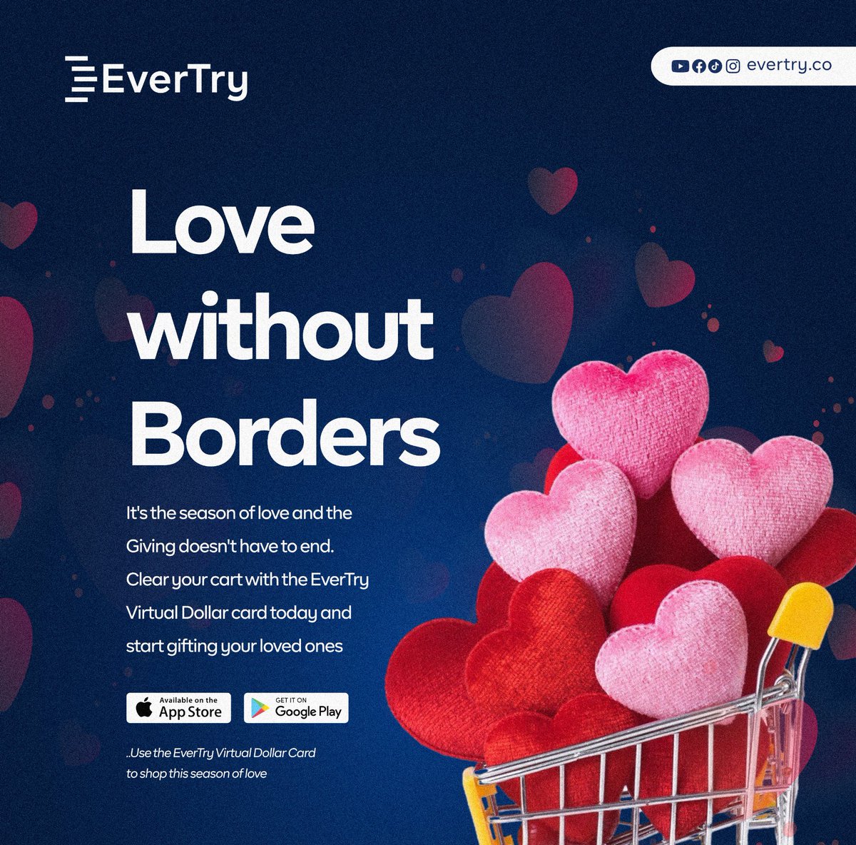 Love without borders.
Payments without limits.
Shop globally with your EverTry Virtual Dollar Card.
👉 evertry.co

#Globalpayments #Nolimits #EverTry