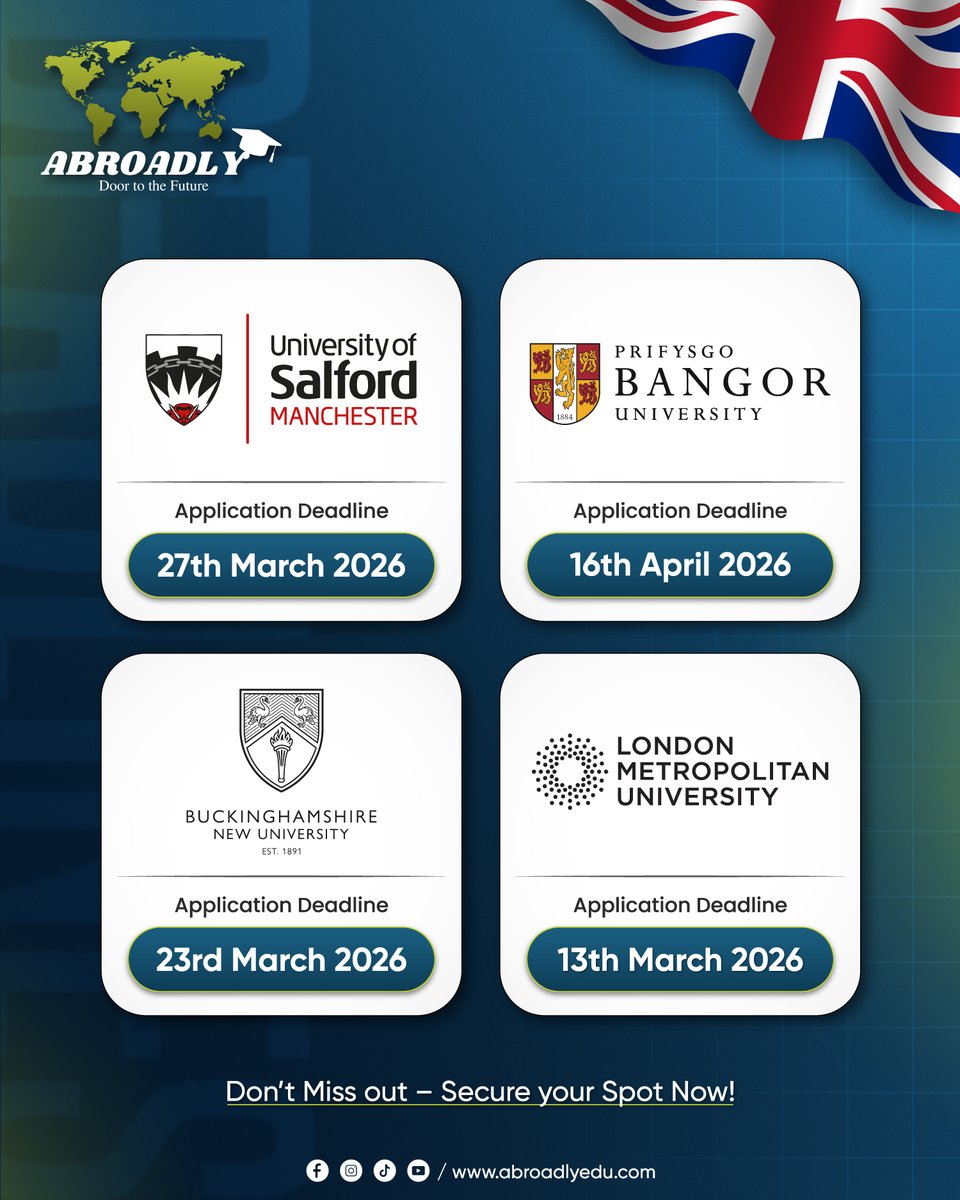 AbroadlyConnect's tweet image. 📌  𝐀𝐩𝐩𝐥𝐢𝐜𝐚𝐭𝐢𝐨𝐧 𝐃𝐞𝐚𝐝𝐥𝐢𝐧𝐞𝐬 𝐀𝐥𝐞𝐫𝐭 – 𝐔𝐊 𝐀𝐩𝐫𝐢𝐥 / 𝐌𝐚𝐲 𝟐𝟎𝟐𝟔 𝐈𝐧𝐭𝐚𝐤𝐞! 🇬🇧

𝐀𝐏𝐏𝐋𝐘 𝐍𝐎𝐖:
wa.me/abroadly

#AbroadlyConnect #UKIntake2026 #ApplicationDeadlines #StudyInUK #StudyAbroad #UKUniversities #AdmissionsOpen