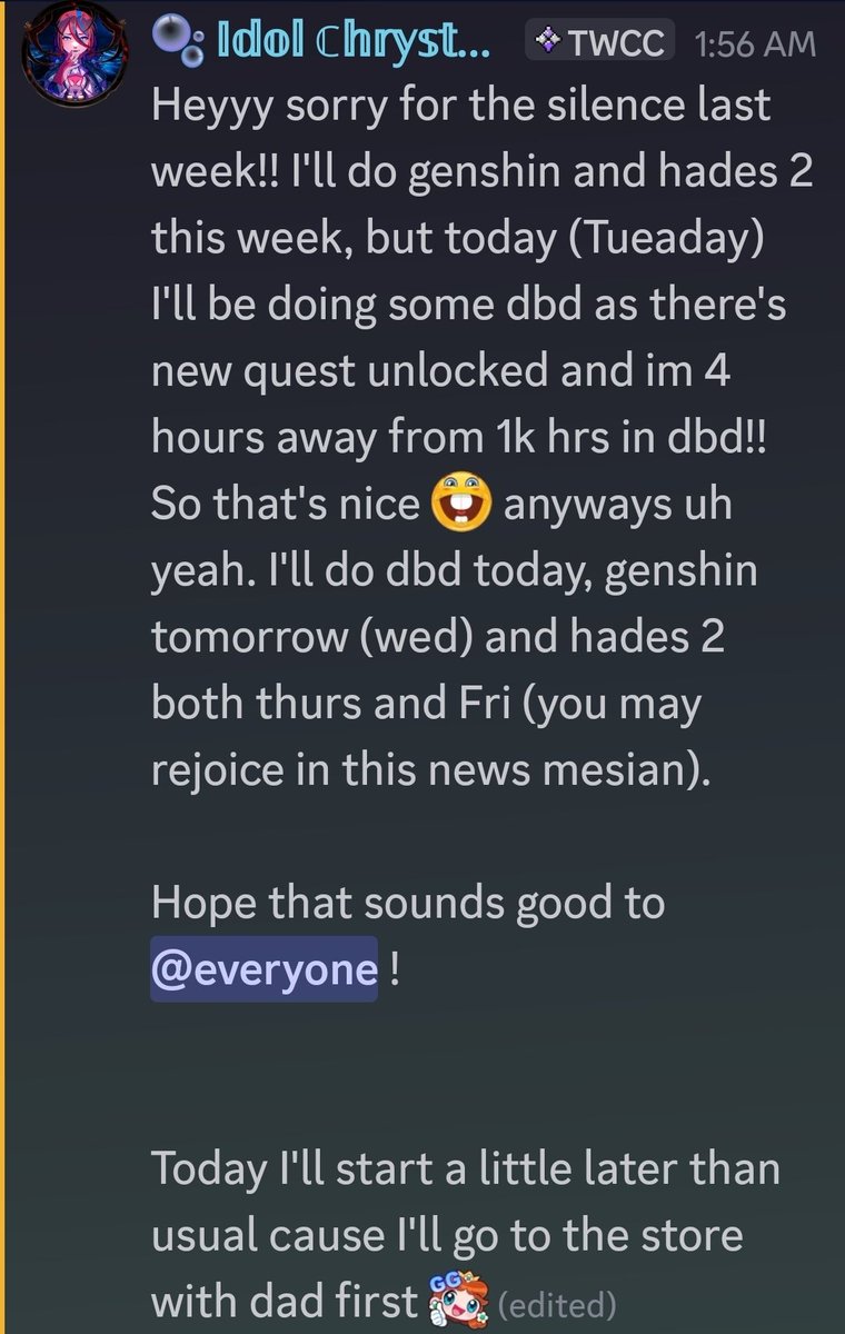 Plans for this week's streams!!

Tues: DBD - road to 1k hrs!

Wed: Genshin - Natlan story

Thurs / Fri: Hades 2