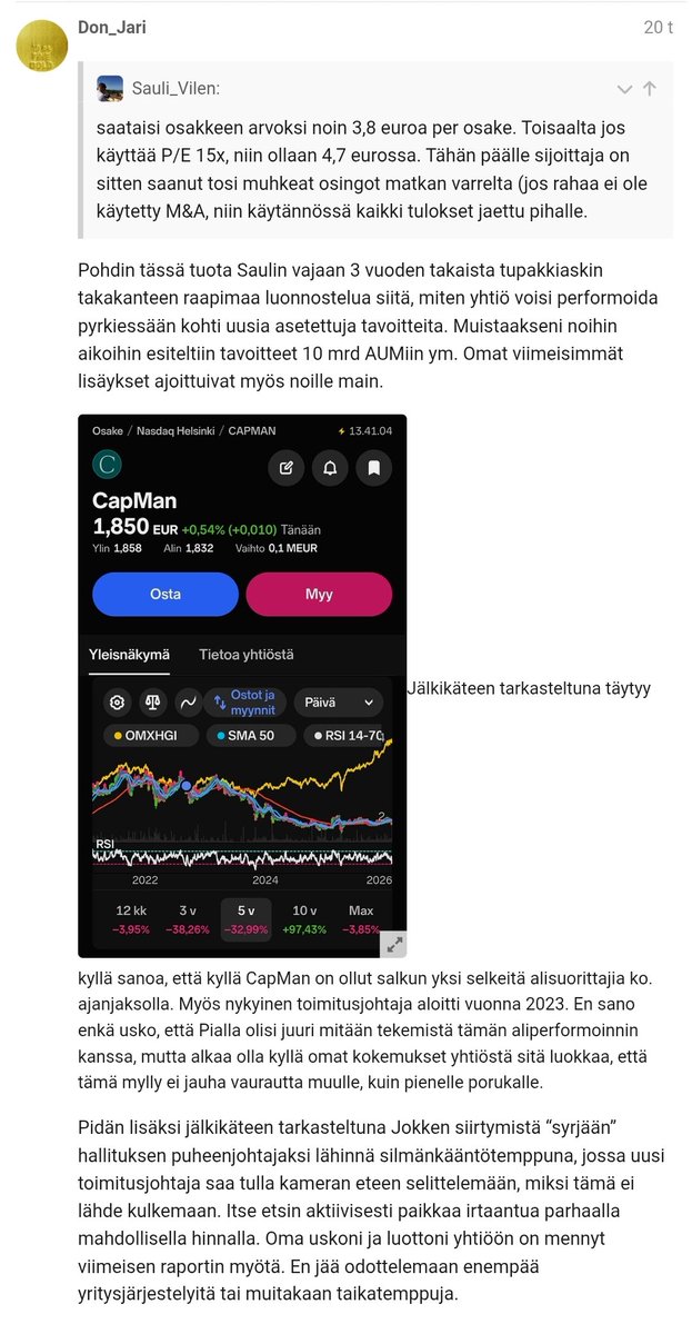 JariValtanen's tweet photo. Aina ei sijoitukset ja skenaariot osu lankulle. Tässäkin tapauksessa vika ei ollut analyytikossa vaan itsessä. Juurisyynä aivan liian optimistiset odotukset.
#CapMan #sijoittaminen
https://t.co/QNZ58jWAxv https://t.co/TgnHeB5b4x