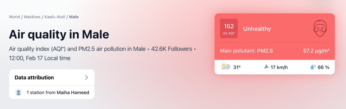 Air quality in Malé right now is extremely poor. Unhealthy for ALL people.
Not just for sensitive groups.
This could be the same for some other regions of Maldives too.
We understand that shopping for Ramadan is important.
But staying indoors is safer today.
#MaldivesHaze