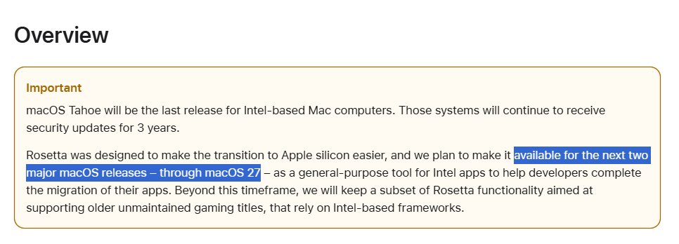 Rosetta 2のサポートがmacOS 27で終わると書いてるところがあるが、27までサポートのはず。終わるのは28だと思われ