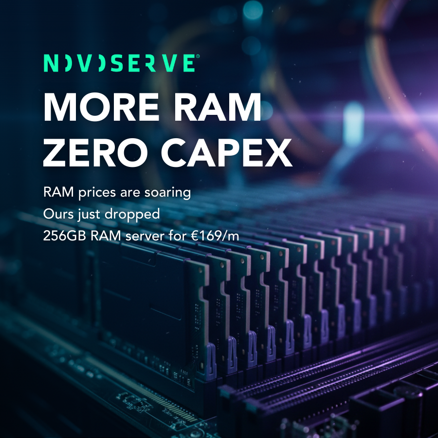 NovoServe's tweet photo. NovoServe is pushing back against skyrocketing RAM costs. Sick of inflated DDR prices? The market is wild now, but we’re offering 256GB RAM+1Gbps Unmetered in NL for just €169/mo. No "market-adjusted" pricing, just the raw power you need.

Grab yours 👉  https://t.co/iS9ZG4TkSa https://t.co/irR5M7keDH