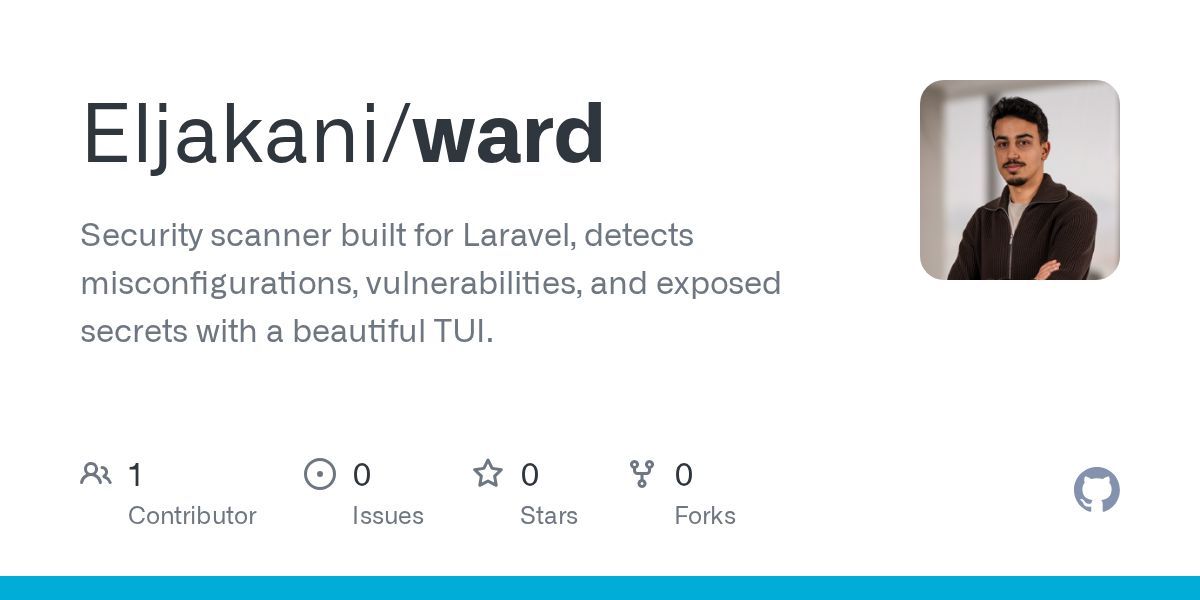 PovilasKorop's tweet photo. New tool for Laravel! 
(but built with Go)

Eljakani/ward: Security scanner built for Laravel, detects misconfigurations, vulnerabilities, and exposed secrets with a beautiful TUI. https://t.co/NfVJJ9T4dp https://t.co/uvxnQ8jImf
