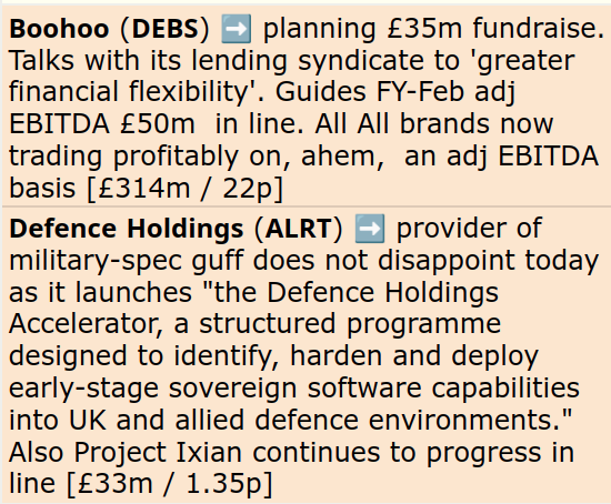 MrC's Smallcap Sweep. Boohoo: new begging bowl coming soon as part of its Continous Restructuring range. 
𝗗𝗘𝗕𝗦,𝗔𝗟𝗥𝗧,𝗠𝗟𝗩𝗡,𝗧𝗠𝗜𝗣,𝗦𝗣𝗔,𝗔𝗣𝗡,𝗠𝗪𝗘,𝗢𝗣𝗧𝗜,𝗧𝗣𝗫,𝗔𝗖𝗥𝗠,𝗜𝗗𝗢𝗫,𝗦𝗣𝗥,𝗔𝗡𝗜𝗖,𝗧𝗥𝗧
See paulypilot.substack.com