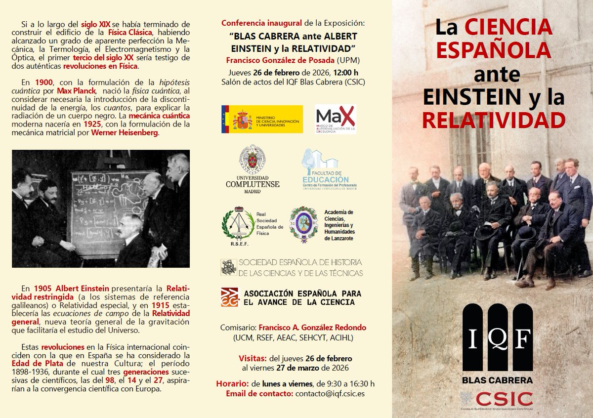 iqf_csic's tweet photo. Con motivo del centenario de los orígenes del INFQ, del 26 feb al 27 mar, el #IQF acoge la exposición “La ciencia española ante Einstein y la relatividad”.

Además, el 26 feb, 12h: conferencia “Blas Cabrera ante Albert Einstein y la Relatividad” por Francisco González de Posada. https://t.co/zDprqvPmbf