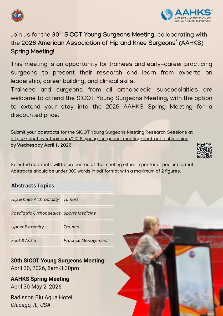 SICOTortho's tweet photo. 💡 Showcase your research on a global stage!

We invites you to present original research before an international audience.
Accepted abstracts will feature alongside keynotes and leadership panels with experts from SICOT and AAHKS.

Deadline: 1 April
🔗https://t.co/d6lzoX0lNO https://t.co/1FfJkVypCr