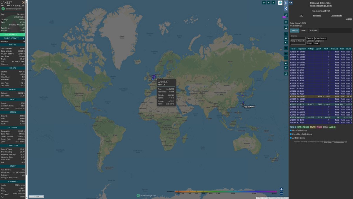 steffanwatkins's tweet photo. 🇺🇸 #USAF RC-135 family; 2026-02-16Z

RC-135V/W Rivet Joint (17)
➢ 64-14848 #AE01C3 was withdrawn to Chania AB 🇬🇷 from Al Udeid AB 🇶🇦 after conducting ~6 clandestine sorties targeting Iran 🇮🇷 over 2 weeks.
➢ 2 at Kadena AB 🇯🇵
➢ 1 at Nellis AFB 🇺🇸
➢ 1 at Homestead ARB 🇺🇸?

RC-135S Cobra Ball (3)
➢ 1 at Kadena AB 🇯🇵

RC-135U Combat Sent (2)
➢ 1 at Kadena AB 🇯🇵

WC-135R Constant Phoenix (3)
➢ 64-14831 #ae07c6 is conducting a sortie from RAF Mildenhall 🇬🇧 right now.