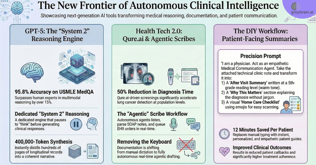 GreybrainAI's tweet image. 🧠 AI is evolving from assistance to autonomous reasoning.

GPT‑5 &amp;amp; agentic scribes are redefining diagnosis, speed &amp;amp; precision in healthcare. 🚀

Join: learn.greybrain.ai

#HealthcareAI #HealthTech2026 #GreyBrainAI
