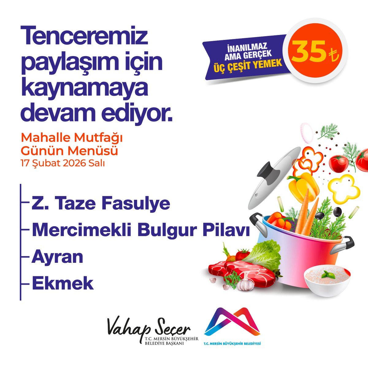 17 Şubat Mahalle Mutfakları menümüz:  

Zeytinyağlı taze fasulye, mercimekli bulgur pilavı, ayran, ekmek.

Mahalle Mutfağı noktaları için: 
mersin.bel.tr/duyuru/mahalle…