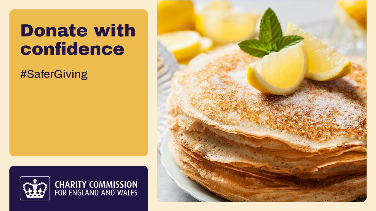 ChtyCommission's tweet image. It’s #ShroveTuesday, the day before Lent when many will enter a period of reflection, fasting and charitable giving.

Perfecting the #pancake flip may be tricky, but a few simple checks can help you give safely all year round: donatewithconfidence.campaign.gov.uk #SaferGiving