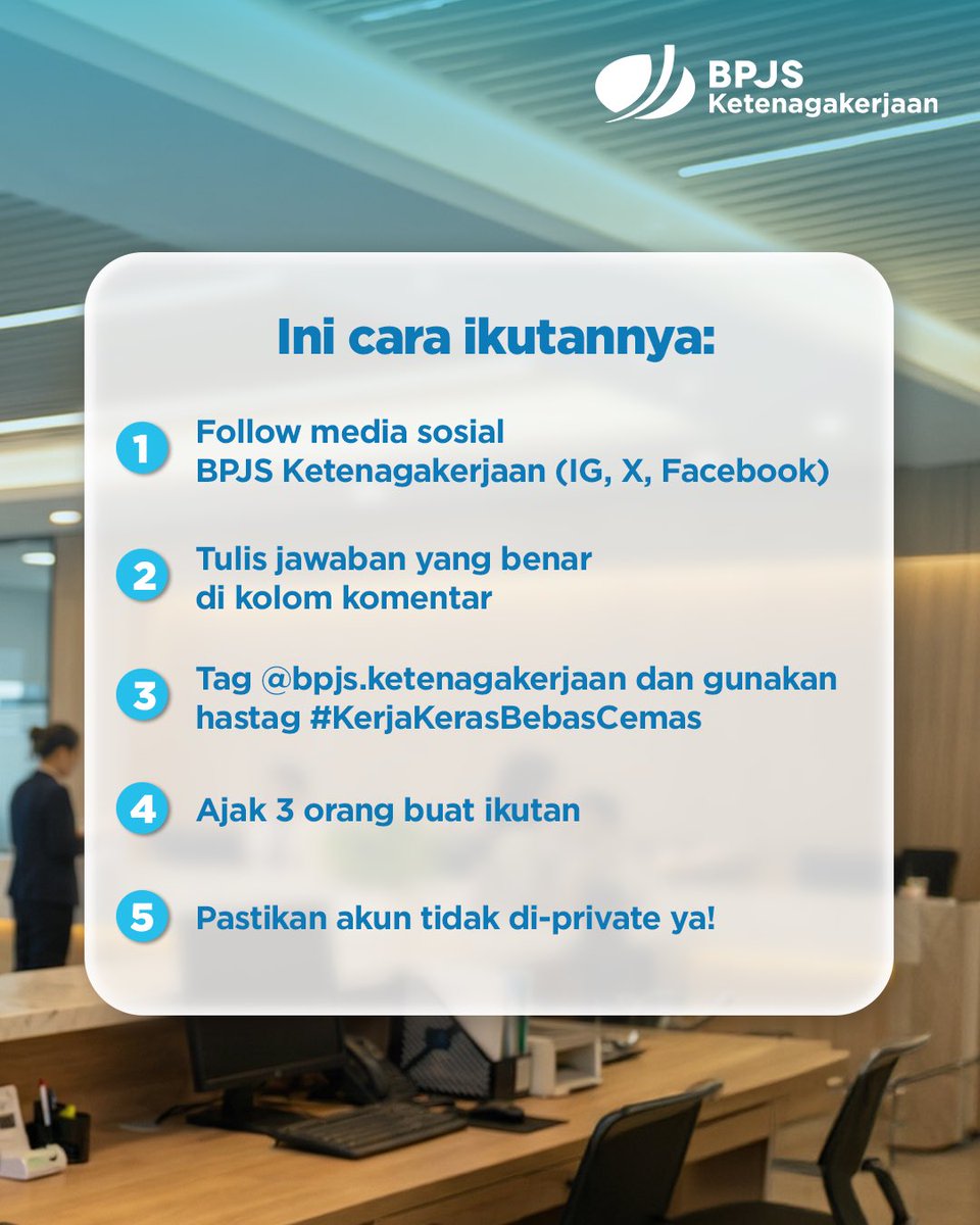 Hayo.. Tau gak Jaminan apa yang dimaksud? 

Clue: Jaminan ini memberikan uang tunai, informasi loker, dan pelatihan kerja! 🧐

Hadiah saldo e-wallet Rp200.000 untuk 10 orang beruntung! 💸

🗓 Periode: 17 Februari - 27 Februari 2026

#BPJSKetenagakerjaan #KerjaKerasBebasCemas