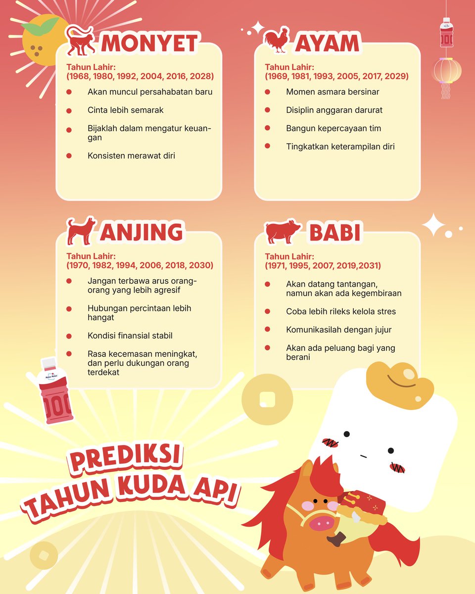 Happy Chinese New Year! 🧧✨
Semoga tahun ini penuh keberuntungan, kebahagiaan, dan kesuksesan 🍊

Cek prediksi shio kamu di Tahun Kuda Api 🔥🐴
Dan jangan lupa rayakan CNY kalian bareng Mogu Mogu! 🥳🧧

#MoguMogu #ChineseNewYear #TahunKudaApi #natadecoco #MoguMoguIndonesia