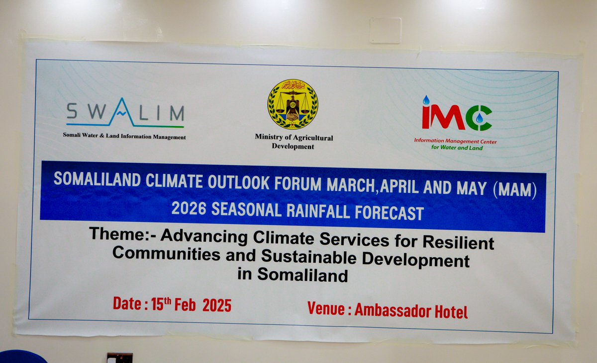 imcsomaliland's tweet photo. The Information Management Center (IMC) &amp; Ministry of Agriculture Development (MoAD), with support from FAO SWALIM, have officially released the March–April–May (MAM) 2026 Long Rains Seasonal Climate Outlook following a national co-production process. https://t.co/YXQYt8QZkW