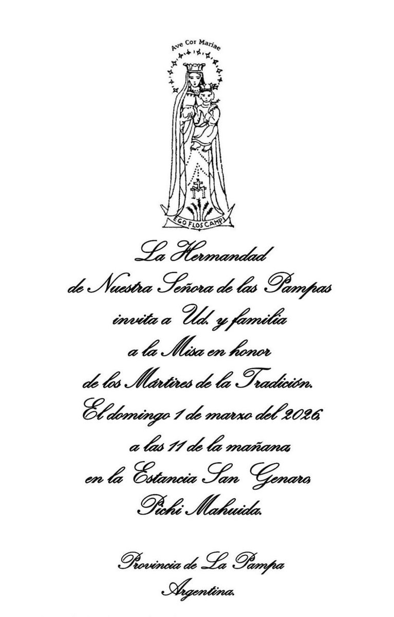 #Argentina. La Hermandad de Nuestra Señora de las Pampas organiza una Misa en sufragio de los Mártires de la Tradición el próximo domingo 1 de marzo en San Genaro de Pichi Mahuida. <a href="/CirculoPlata/">Círculo Tradicionalista del Río de la Plata</a>