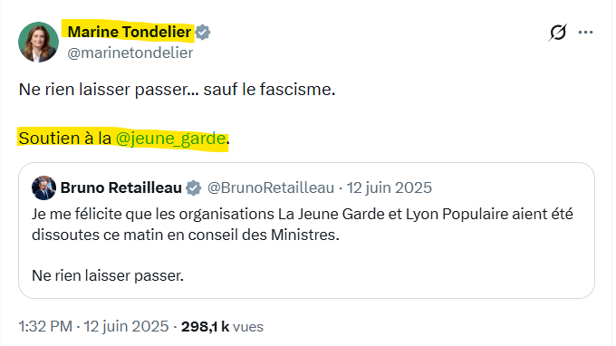 Tweet en date du 12 juin 2025 de Marine Tondelier en soutien à la jeune garde.