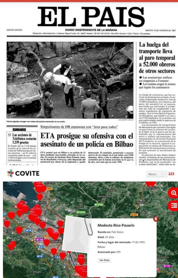 #TalDiaComoHoy de 1997 #ETA asesinó en #Bilbao al <a href="/policia/">Policía Nacional</a> Modesto Rico Pasarin haciendo estallar una potente bomba colocada en su vehículo debajo de su asiento, junto a un colegio.

Morir abrasado ¿Hay peor muerte?

¡Esto era ETA hasta hace poco!

#MemoriaReciente

🧵