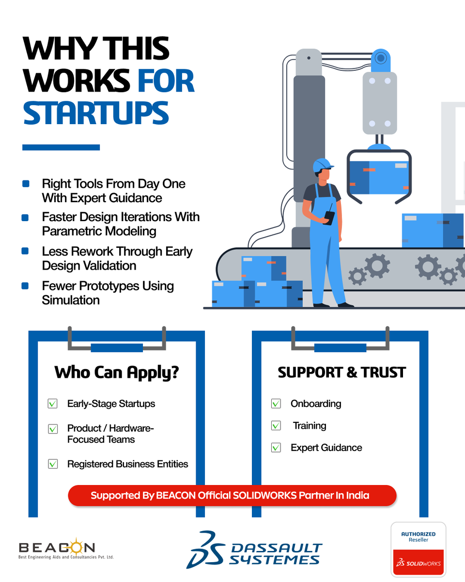 Early-stage startups move fast—but design errors slow everything down.
#SOLIDWORKS Startup Program + BEACON support helps you design smarter, validate faster, and scale with precision.

<a href="/Dassault3DS/">Dassault Systèmes</a> <a href="/SOLIDWORKS/">SOLIDWORKS</a> 

#StartupProgram   #StartupIndia #EarlyStageStartup  #BEACONIndia
