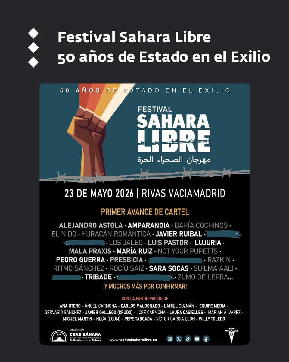 ⚠️ ¡Se avecina un mes de mayo calentito!
Semanas después de que celebremos #FiSahara2026 (27Abril-3Mayo), llegará el #FestivalSaharaLibre. 
¡Cuánta gente buena se ha juntado para reclamar un #SaharaLibre! Contra el odio y la represión de #Marruecos, nuestra alegría reivindicativa