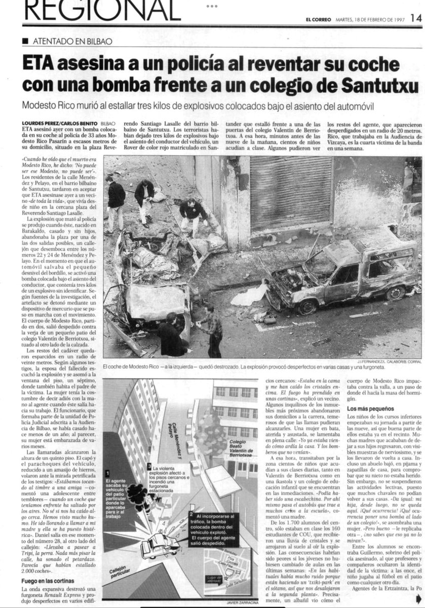 2. Otro vehículo con escolares debía estacionar en el mismo lugar procedente de un barrio cercano. Varios edificios, entre ellos el colegio, se vieron afectados por la onda expansiva, que provocó la rotura de numerosos cristales en las ventanas.
elpais.com/diario/1997/06…