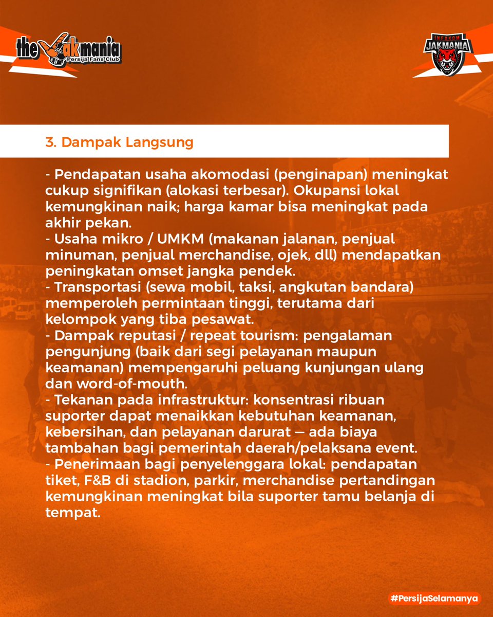 Di balik euforia pertandingan, ada roda ekonomi yang berputar.
Tur tandang The Jakmania ke Bali bukan hanya soal sepak bola, tapi juga kontribusi nyata terhadap pertumbuhan ekonomi daerah.

Berikut analisa tim Litbang Jakmania berdasarkan data yang diimpun oleh Pengurus Pusat.