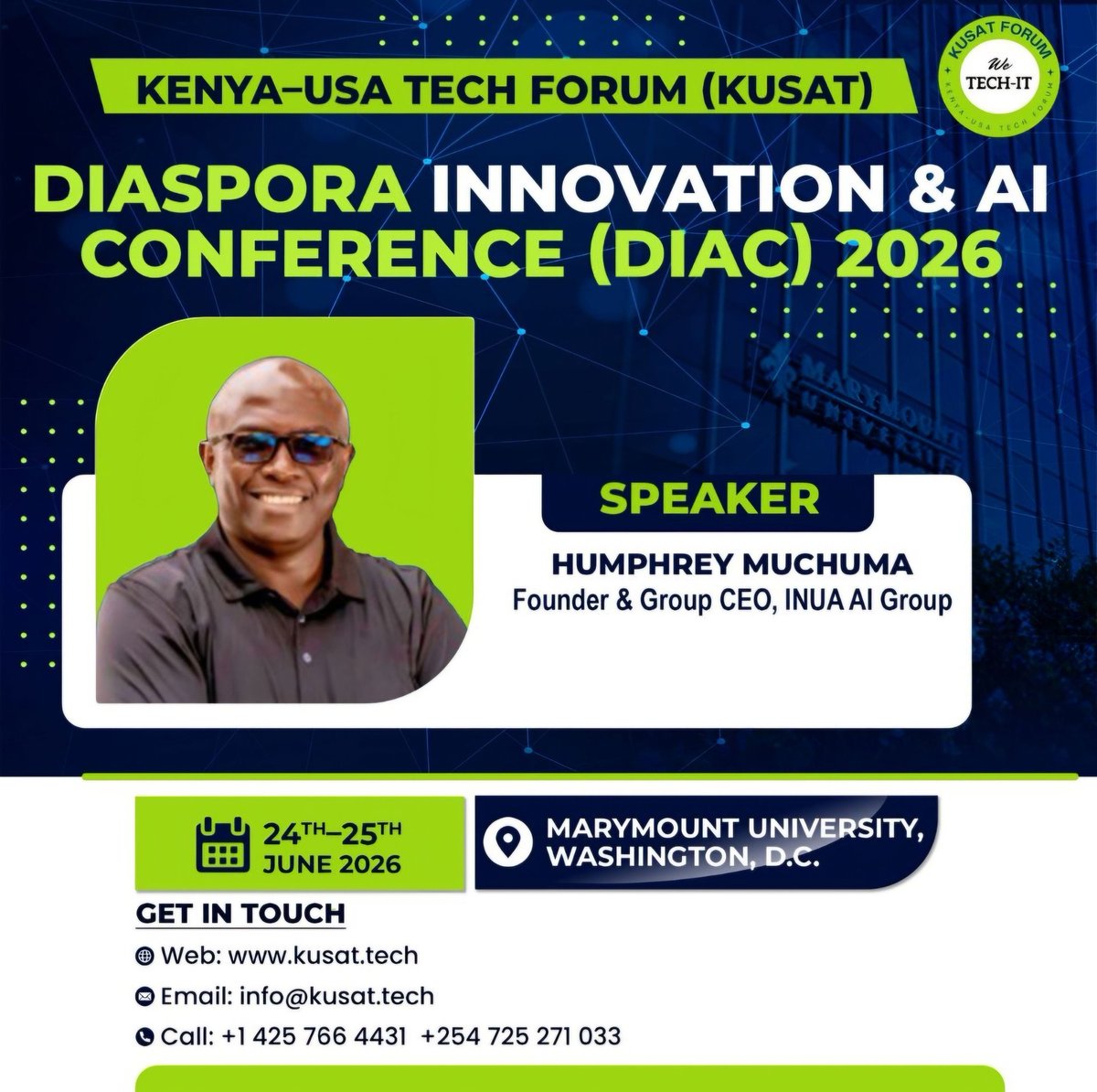 INUA AI Group is proud to announce that our Founder &amp; Group CEO will be a speaker at DIAC 2026 (KUSAT) in Washington, D.C.

#DIAC2026 #INUAAIGroup #DigitalSovereignty #AILeadership #AfricaRising