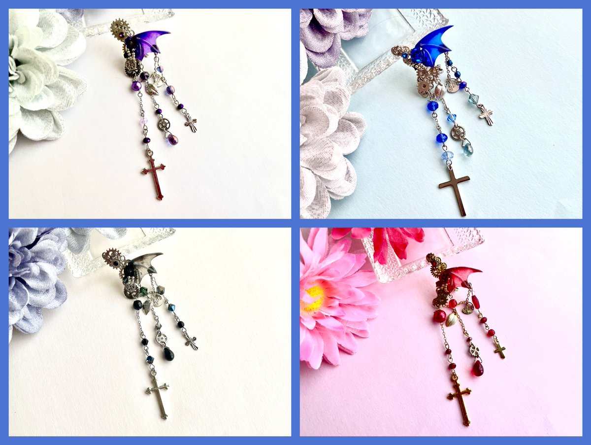 2月23日(月祝)arteVarie(CC福岡63内)
美るく屋　A館B58
お品書き①

コウモリ羽シリーズ
♠イヤークリップ･ピアス…¥1,500
♠イヤーフック…¥1,600
♠ピアス/イヤリング…¥1,400
♠イヤーカフ…¥1,600
3枚目は、イヤリングとピアスの金具交換は無料です🌸

#CC福岡63
#arteVarie
#美るく屋作品