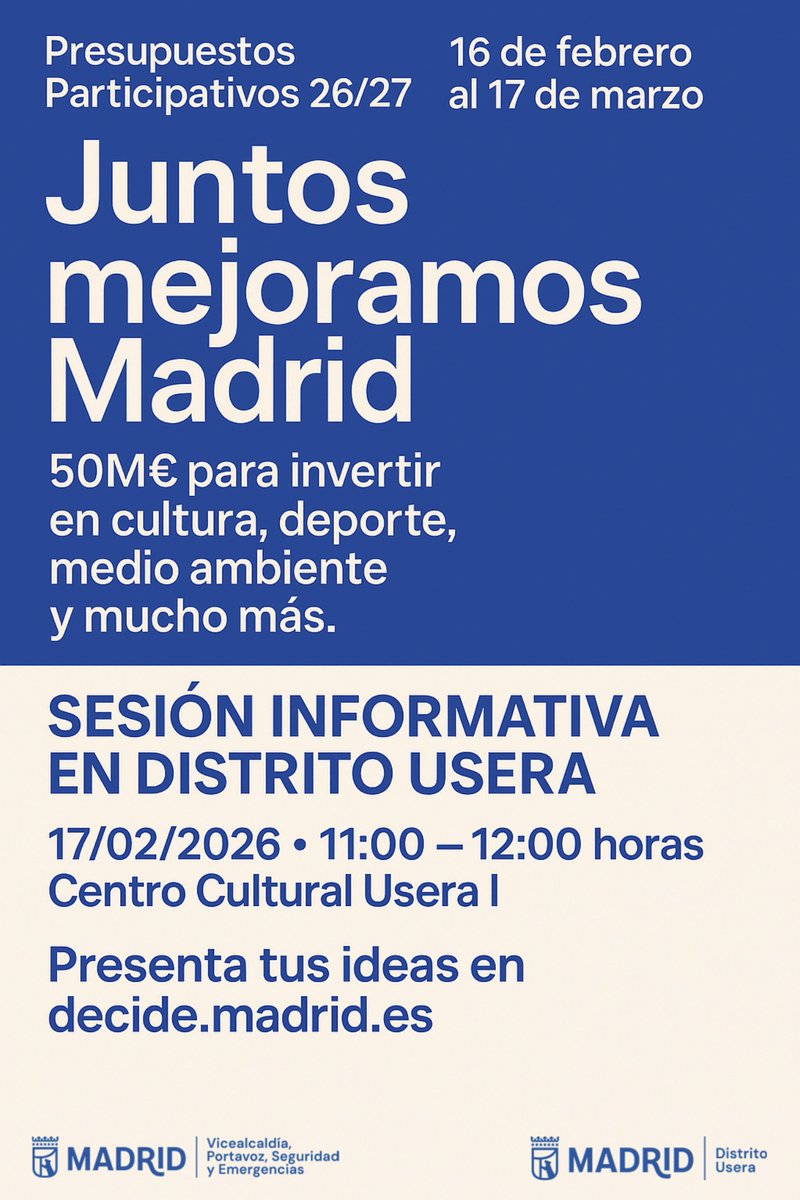 DecideMadrid's tweet photo. 📢 Si quieres que te expliquen cómo presentar tu proyecto de #PresupuestosParticipativos, ¡acércate a nuestras sesiones informativas! Hoy 17FEB en:

🕑De 11:00 a 12:00 h - 📍Centro Cultural Usera I - Avda. Rafaela Ybarra, 49
🕑 De 11:00 a 12:00 horas -📍Calle Esfinge, 35 en el Centro Municipal de Mayores Canillejas

#decidemadrid #siparticipasdecides #juntosmejoramosmadrid