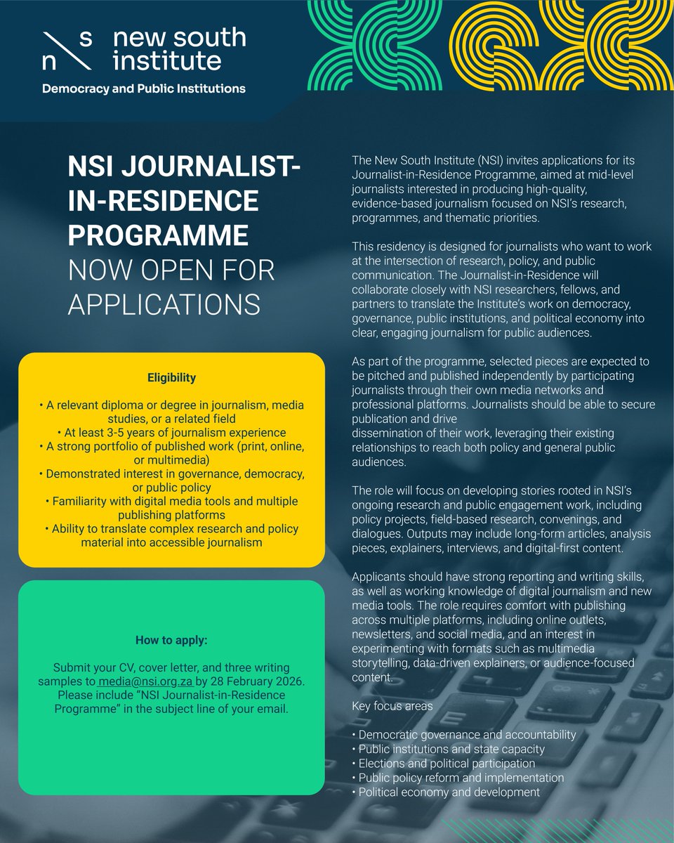 🚨 Applications OPEN 🚨

NSI’s Journalist-in-Residence Programme is looking for mid-level journalists passionate about democracy, governance &amp; public policy.

Work with researchers. Turn evidence into impact. Publish powerful stories.

📩 media@nsi.org.za
 🗓 28 Feb 2026