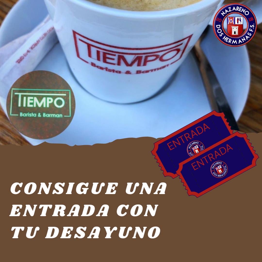 ☕🎟️ ¡Desayuna y gana tu entrada! 🎟️☕

En TIEMPO Barista &amp; Barman tu mañana tiene premio 🙌
Disfruta de tu desayuno favorito y consigue una entrada para el Torneo Seguridad Nazareno Dos Hermanas F.S. - Cádiz FS 🔵🔴

Empieza el día con el mejor café y llévate algo más que
