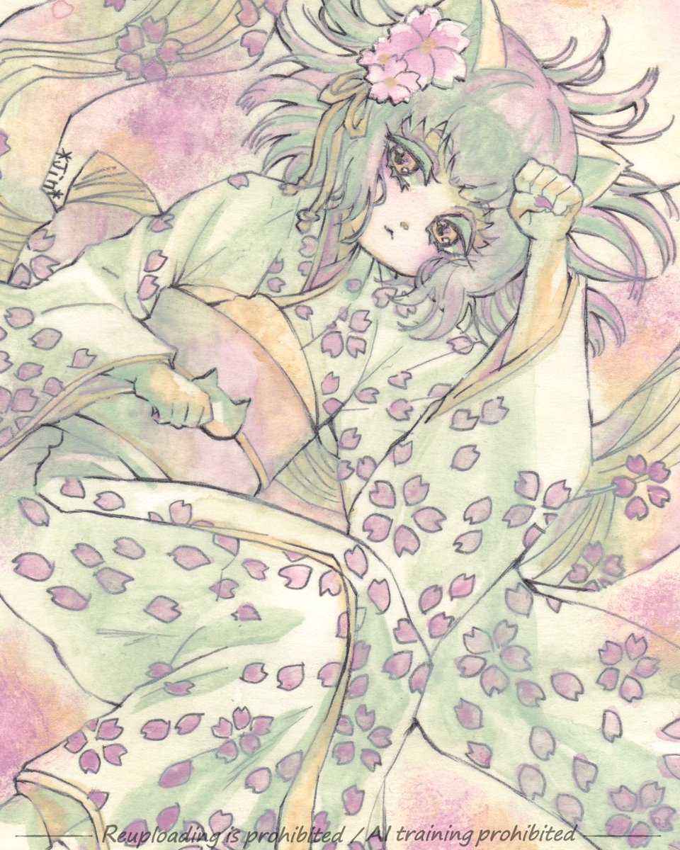 #みんなのアートスクール 様で開催される
【第1回 お気に入りのアナログ画材で塗ろう！3色イラスト公募展】
に応募しました🎉

今回は一目惚れの《絵墨 雪》で描きました🎨🖌️✨
やってみたかった3色縛り！春らしい配色で描けたので大満足です🌸

#イラスト #絵墨 #OC