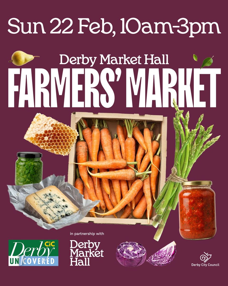 VisitDerby's tweet image. 🥖🧀 Happening TOMORROW in Derby!
The Derby Farmers’ Market is back with fresh local produce, artisan treats &amp;amp; independent traders.
📍@DerbyMarketHall  
🗓️ 22 Feb | 10am–3pm
Shop local. Eat well. 
More info ⬇️
visitderby.co.uk/events/derby-f…
#DerbyUK #FarmersMarket #EatLocal #VisitDerby