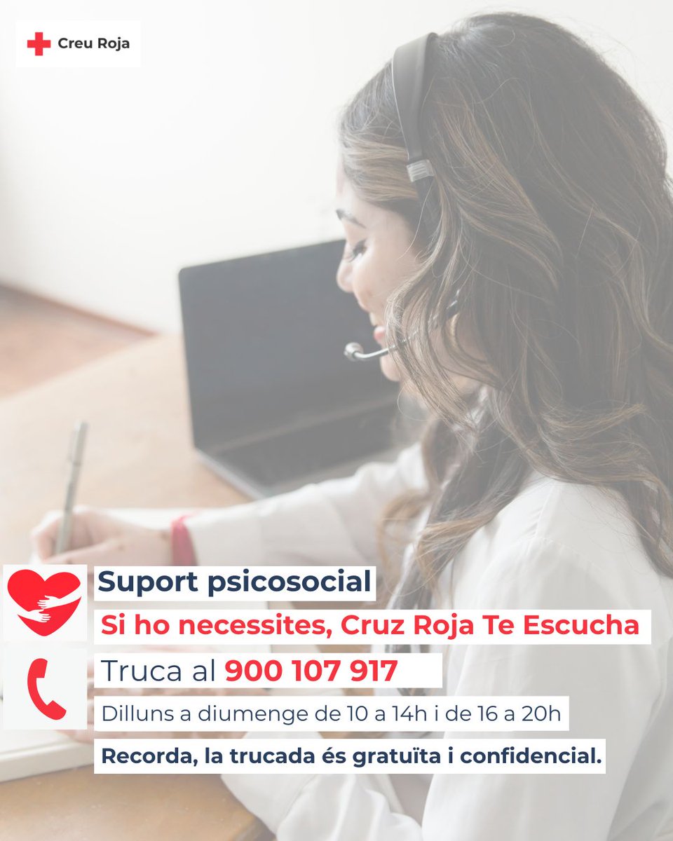 CreuRojaStCugat's tweet photo. Si sents que necessites suport emocional, no dubtis a comunicar-te amb el nostre servei d'atenció psicosocial. Més info: https://t.co/37hOmsRebA #CreuRojaT'Escolta https://t.co/gNROmmn2Mk