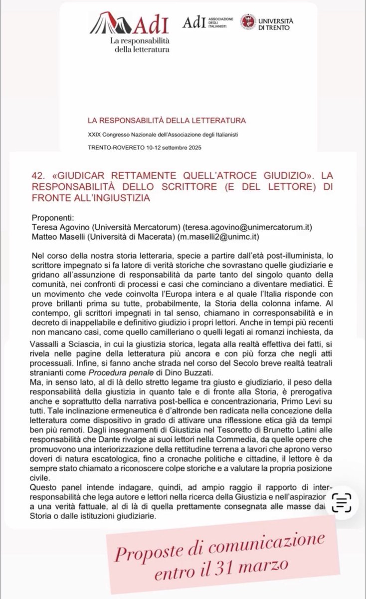 TeresaAgovino's tweet photo. Cfp panel 42 - Adi 2026
@Maselli_Matt 
Scadenza per l’invio delle proposte: 31 marzo 
#letteraturaitaliana #adi2026 #italianisti #giustiziaeletteratura https://t.co/kCanBYmLCR