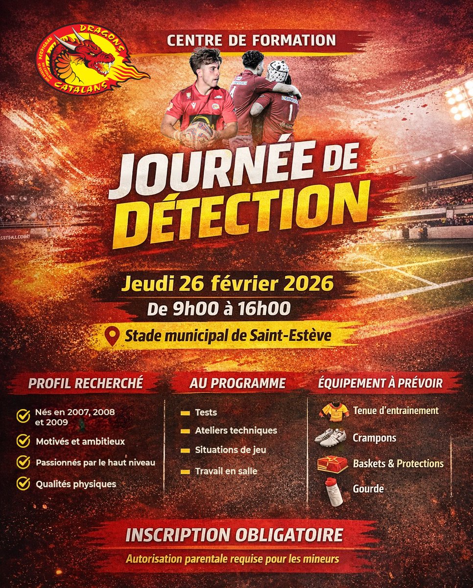 DragonsOfficiel's tweet photo. 𝐉𝐨𝐮𝐫𝐧𝐞́𝐞 𝐝𝐞 𝐝𝐞́𝐭𝐞𝐜𝐭𝐢𝐨𝐧
Le club des Dragons organise une journée de détection, ouverte à tous les joueurs nés en 2007, 2008 et 2009.

▶️ https://t.co/LX4Nzxh0f3 https://t.co/0ppQSfGnkj