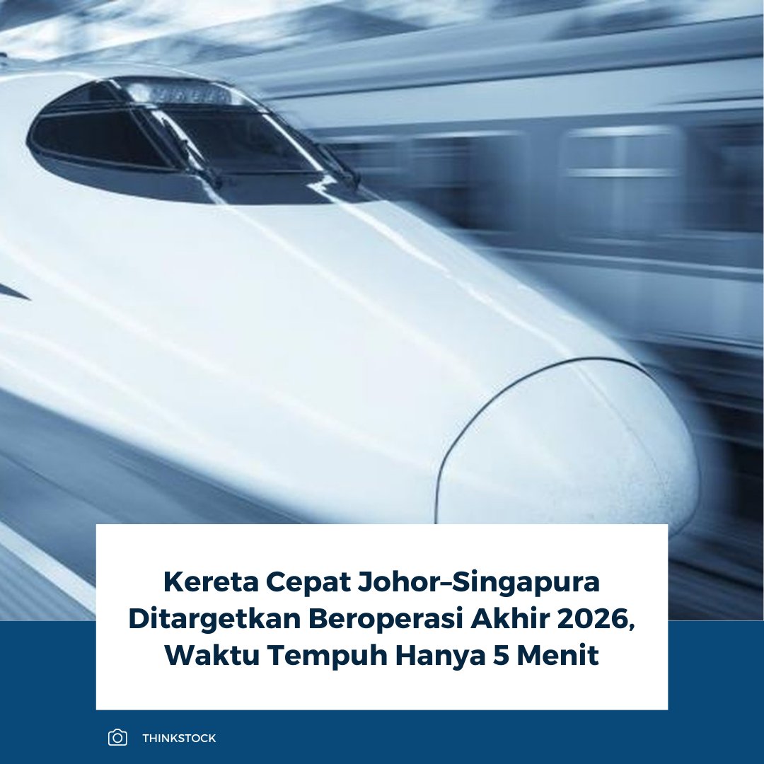 kompascom's tweet photo. Kereta cepat Johor–Singapura ditargetkan beroperasi akhir 2026 dengan waktu tempuh sekitar lima menit dan tarif 5–7 dollar Singapura. Proyek ini diharapkan mempercepat mobilitas warga sekaligus memperkuat konektivitas ekonomi bilateral. 

Baca selengkapnya: https://t.co/6SzpIztOey

~RK #keretacepat #malaysia #singapura