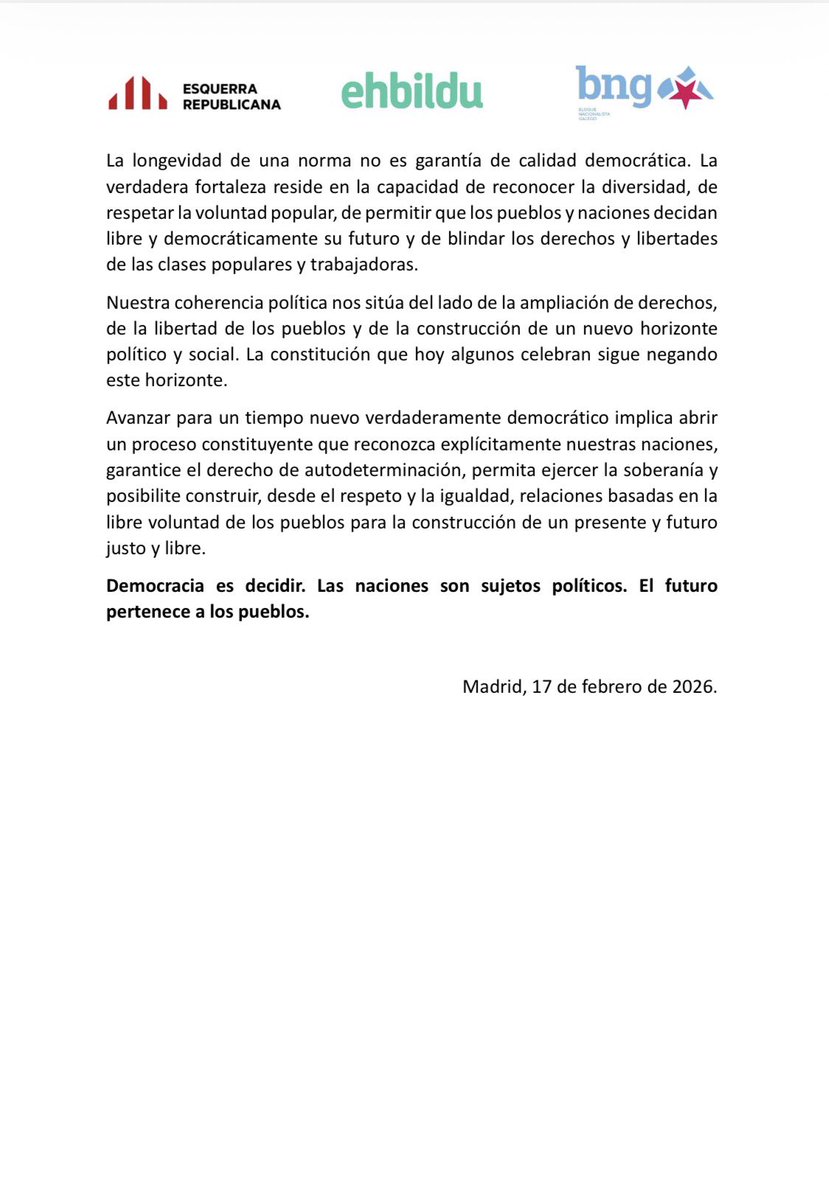 🗳️ Naciones con pleno derecho a decidir. Democracia para avanzar. El futuro pertenece a los pueblos.

La negativa sistemática a habilitar vías democráticas para que la ciudadanía vasca, catalana y gallega pueda pronunciarse sobre su estatus político demuestra que el actual marco