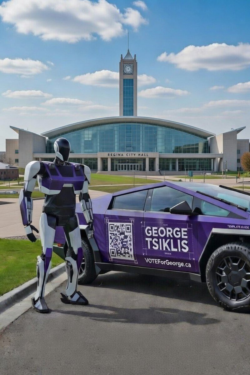GeorgeBTsiklis's tweet photo. @elonmusk @mayemusk Let’s bring Optimus home to Saskatchewan for a true family homecoming! Launch Canada’s first Optimus right in Regina for my 2028 Ward 2 re-election: door-knocking, voter chats, platform Q&A, and Regina knowledge on wheels (or legs). Lease under the $13k CAD election cap, buy post-vote.
Elon — your ’89 Waldeck farm summers (barn-raising, turning 18 on the Prairies) + Maye’s Regina roots make this perfect. Join with Maye and Optimus for a special TSIKLIS TAILGATE TALKS episode from my future Cybertruck. What do you say? #OptimusInCanada #ILoveRegina #BetterAsOne

Thanks to @grok for the photo below, which for some reason includes a brand new city hall 😆