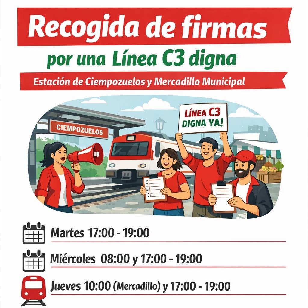 IUCiempozuelos's tweet photo. 📢 ¡Seguimos recogiendo firmas por una Línea C3 digna!
Esta semana volvemos a estar en la estación y en el mercadillo para que puedas apoyar la mejora del servicio de Cercanías en Ciempozuelos.
Acércate, firma y difunde.
#TransporteDigno #c3digna #estacionaccesibleya https://t.co/tGNZJHxbp6