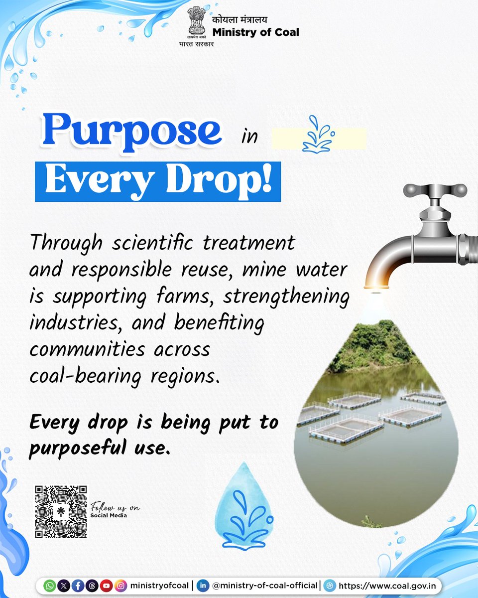 CoalMinistry's tweet image. Guided by the Ministry of Coal,  Coal/Lignite PSUs  are ensuring responsible treatment and reuse of mine water to serve agriculture, industry, and surrounding communities  advancing water security and sustainable mining practices.

#MineWaterUtilisation #SustainableMining
